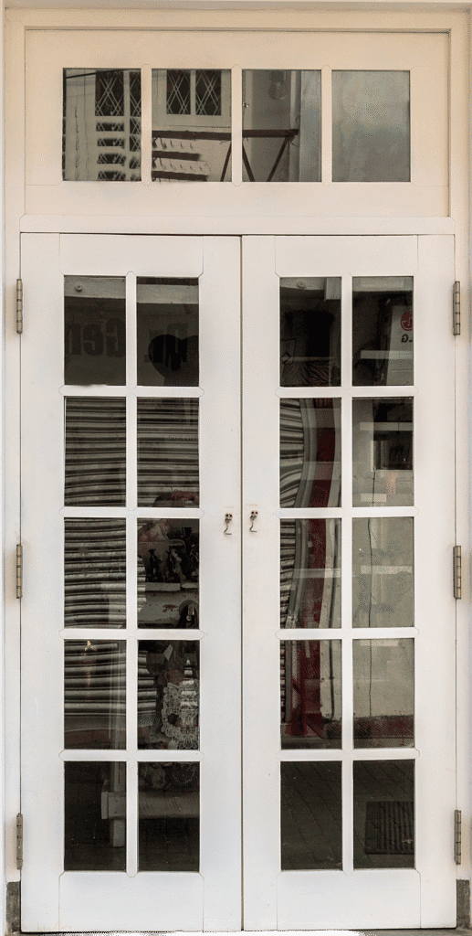 Glass double doors with multiple window panes, custom glass installation, superior glass and screens.