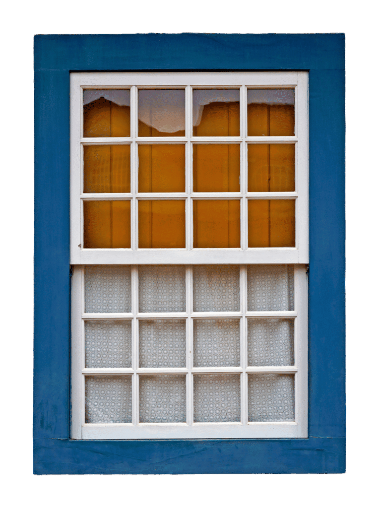 Vintage multi-pane window with colorful curtains, showcasing superior glass and screens.